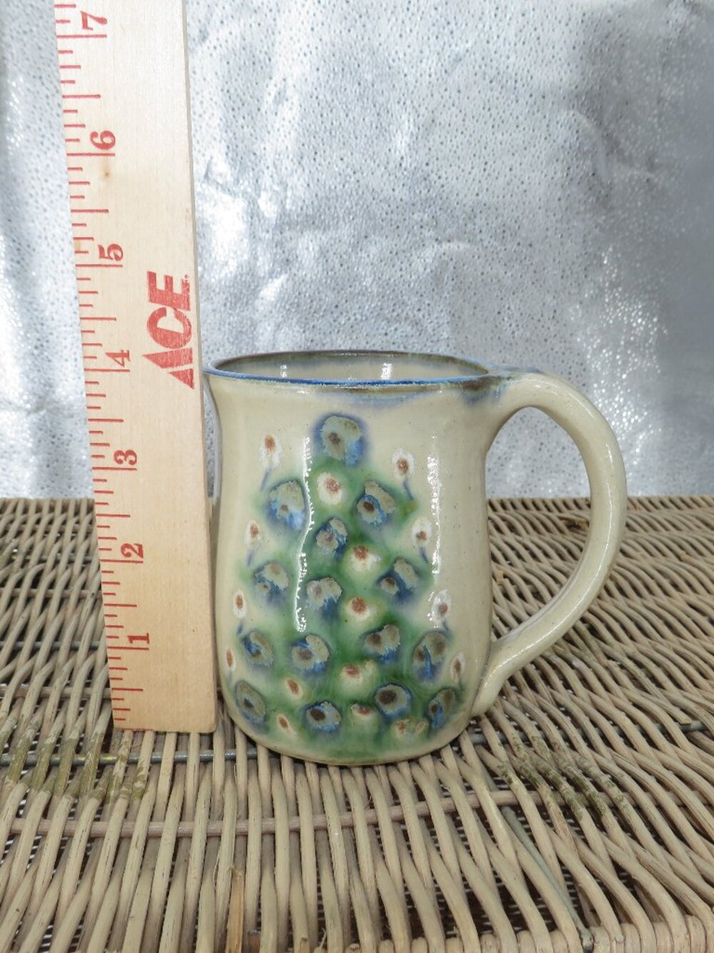 vintage studio art pottery coffee mug beige green blue hand thrown signed 4 inch